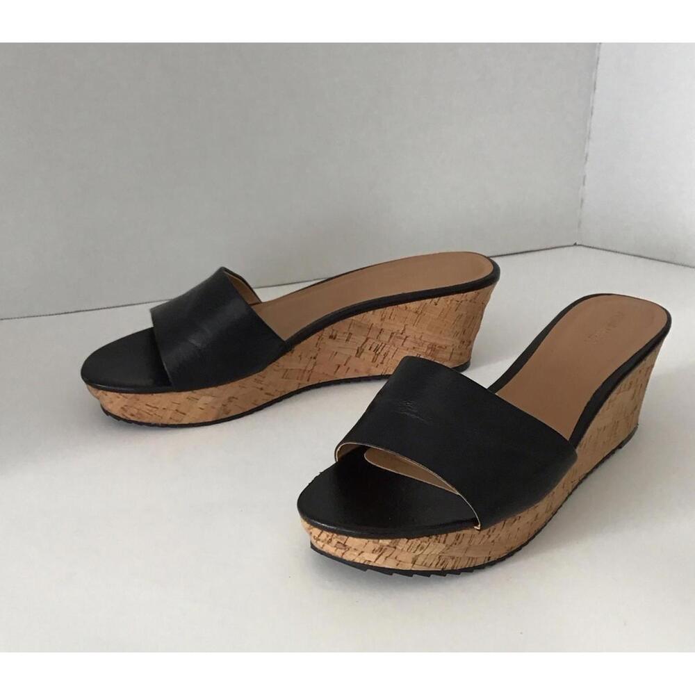 Nine West Black Leather Cork Wedge Slide on Sandal Woman’s Size 9.5 - Picture 1 of 9